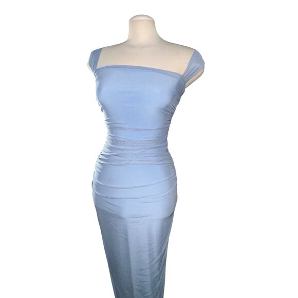 Lulus Amazing Presence Slate Blue Mesh Ruched Column Maxi Dress Sz XS Womens Blu - Picture 12 of 16